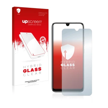 Face avant d’un emballage produit avec le logo de la marque upscreen. À côté, l’appareil Xiaomi Mi A3 est représenté avec la p