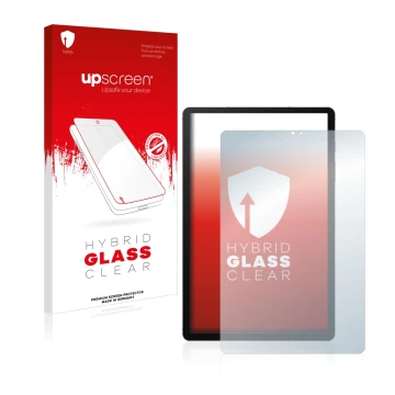 Face avant d’un emballage produit avec le logo de la marque upscreen. À côté, l’appareil Samsung Galaxy Tab S6 WiFi 2019 est r