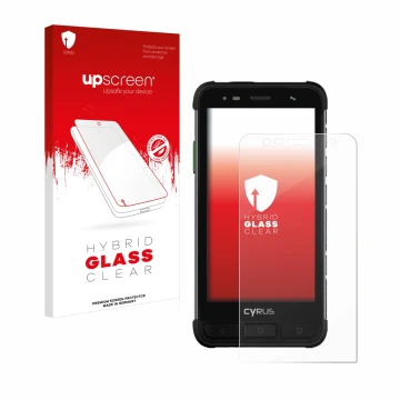 Face avant d’un emballage produit avec le logo de la marque upscreen. À côté, l’appareil Cyrus CS45 XA est représenté avec la 