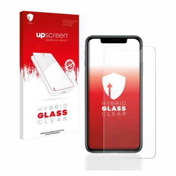 Face avant d’un emballage produit avec le logo de la marque upscreen. À côté, l’appareil Apple iPhone 11 Pro Max est représent