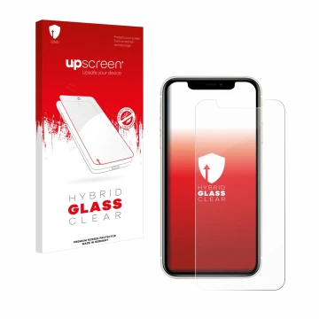 Face avant d’un emballage produit avec le logo de la marque upscreen. À côté, l’appareil Apple iPhone 11 est représenté avec l