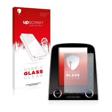 Face avant d’un emballage produit avec le logo de la marque upscreen. À côté, l’appareil Renault Scenic R-Link 2 8.7