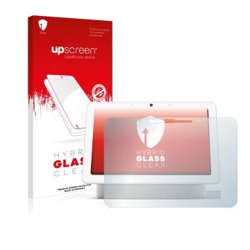 Face avant d’un emballage produit avec le logo de la marque upscreen. À côté, l’appareil Google Nest Hub Max est représenté av