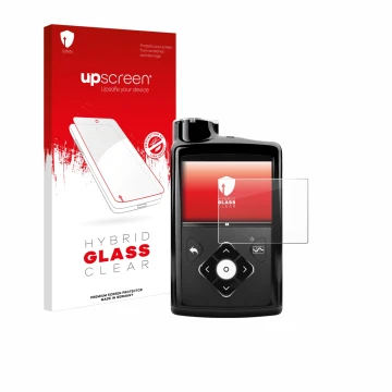 Face avant d’un emballage produit avec le logo de la marque upscreen. À côté, l’appareil Medtronic Minimed 670G est représenté