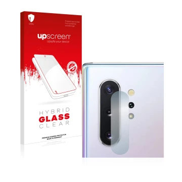 Face avant d’un emballage produit avec le logo de la marque upscreen. À côté, l’appareil Samsung Galaxy Note 10 Plus (Caméra U