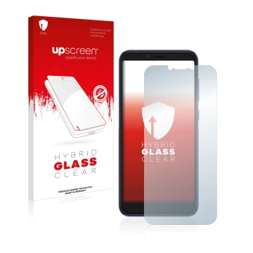 Face avant d’un emballage produit avec le logo de la marque upscreen. À côté, l’appareil Alcatel 1S 2019 est représenté avec l