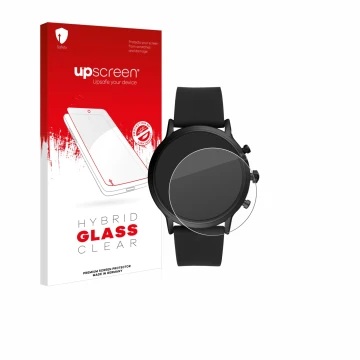 Face avant d’un emballage produit avec le logo de la marque upscreen. À côté, l’appareil Fossil The Carlyle HR (5.Gen) est rep