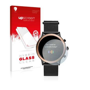 Face avant d’un emballage produit avec le logo de la marque upscreen. À côté, l’appareil Fossil Julianna HR (5.Gen) est représ