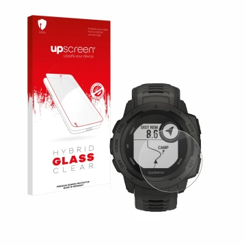 Face avant d’un emballage produit avec le logo de la marque upscreen. À côté, l’appareil Garmin Instinct Tactical Edition est 
