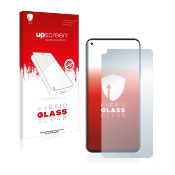 Face avant d’un emballage produit avec le logo de la marque upscreen. À côté, l’appareil Huawei Nova 5T est représenté avec la