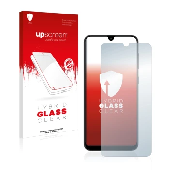 Face avant d’un emballage produit avec le logo de la marque upscreen. À côté, l’appareil Samsung Galaxy A30s est représenté av
