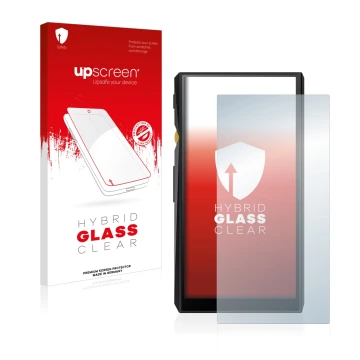 Face avant d’un emballage produit avec le logo de la marque upscreen. À côté, l’appareil FiiO M11 est représenté avec la prote