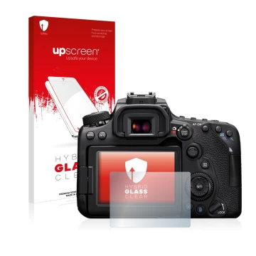 Face avant d’un emballage produit avec le logo de la marque upscreen. À côté, l’appareil Canon EOS 90D est représenté avec la 