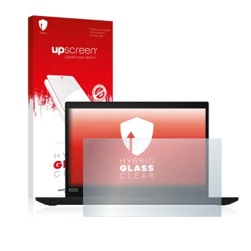 Face avant d’un emballage produit avec le logo de la marque upscreen. À côté, l’appareil Lenovo ThinkPad X390 Non-Touch est re