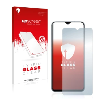 Face avant d’un emballage produit avec le logo de la marque upscreen. À côté, l’appareil realme XT est représenté avec la prot