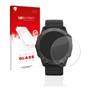 Face avant d’un emballage produit avec le logo de la marque upscreen. À côté, l’appareil Garmin Fenix 6X Pro est représenté av