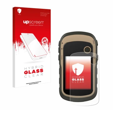 Face avant d’un emballage produit avec le logo de la marque upscreen. À côté, l’appareil Garmin eTrex 32x est représenté avec 