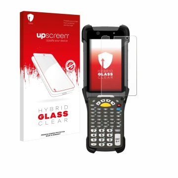 Face avant d’un emballage produit avec le logo de la marque upscreen. À côté, l’appareil Zebra MC9300 est représenté avec la p