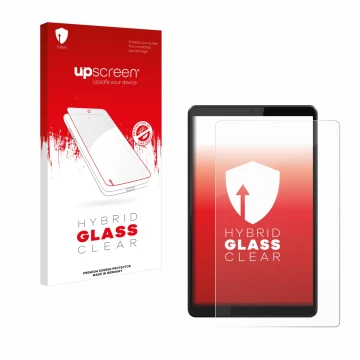 Face avant d’un emballage produit avec le logo de la marque upscreen. À côté, l’appareil Lenovo Tab M8 est représenté avec la 