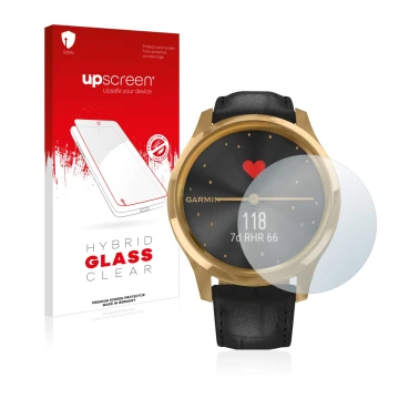 Face avant d’un emballage produit avec le logo de la marque upscreen. À côté, l’appareil Garmin vivomove Luxe (42 mm) est repr