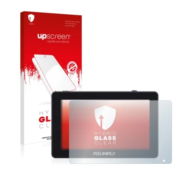 Face avant d’un emballage produit avec le logo de la marque upscreen. À côté, l’appareil Feelworld F6 Plus est représenté avec