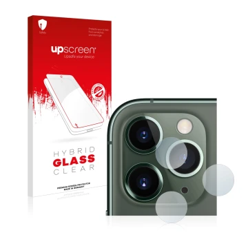 Face avant d’un emballage produit avec le logo de la marque upscreen. À côté, l’appareil Apple iPhone 11 Pro Max (Caméra UNIQU