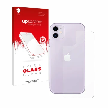 Face avant d’un emballage produit avec le logo de la marque upscreen. À côté, l’appareil Apple iPhone 11 (Arrière) est représe