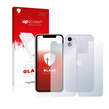 Face avant d’un emballage produit avec le logo de la marque upscreen. À côté, l’appareil Apple iPhone 11 (Avant+Arrière) est r