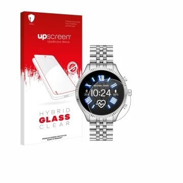 Face avant d’un emballage produit avec le logo de la marque upscreen. À côté, l’appareil Michael Kors Access Lexington 2 est r