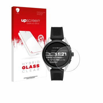 Face avant d’un emballage produit avec le logo de la marque upscreen. À côté, l’appareil Emporio Armani Connected Smartwatch 3