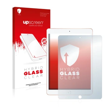 Face avant d’un emballage produit avec le logo de la marque upscreen. À côté, l’appareil Apple iPad 10.2