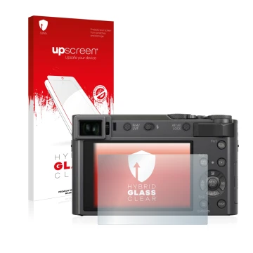 Face avant d’un emballage produit avec le logo de la marque upscreen. À côté, l’appareil Panasonic Lumix DC-TZ200 est représen