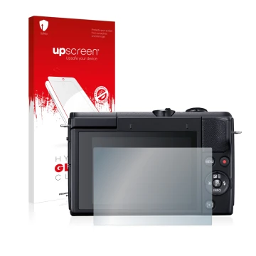 Face avant d’un emballage produit avec le logo de la marque upscreen. À côté, l’appareil Canon EOS M200 est représenté avec la