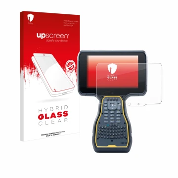 Face avant d’un emballage produit avec le logo de la marque upscreen. À côté, l’appareil Trimble TSC7 Controller est représent