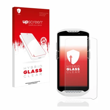 Face avant d’un emballage produit avec le logo de la marque upscreen. À côté, l’appareil Zebra TC57 est représenté avec la pro