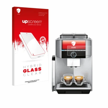 Face avant d’un emballage produit avec le logo de la marque upscreen. À côté, l’appareil Siemens EQ.9 plus connect s700 4,3