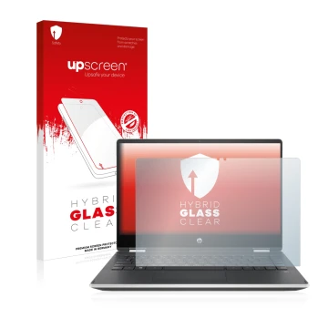 Face avant d’un emballage produit avec le logo de la marque upscreen. À côté, l’appareil HP Pavilion x360 (14-dhX) est représe
