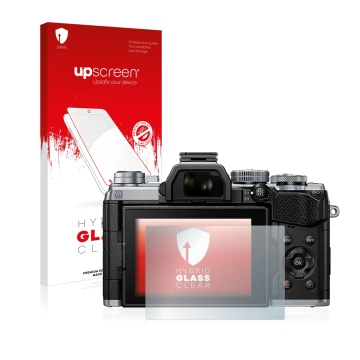 Face avant d’un emballage produit avec le logo de la marque upscreen. À côté, l’appareil Olympus OM-D E-M5 Mark III est représ