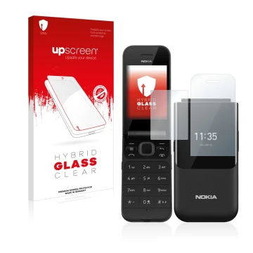Face avant d’un emballage produit avec le logo de la marque upscreen. À côté, l’appareil Nokia 2720 Flip est représenté avec l