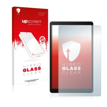 Face avant d’un emballage produit avec le logo de la marque upscreen. À côté, l’appareil Samsung Galaxy Tab A 10.1 LTE 2019 es