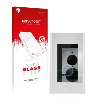 Face avant d’un emballage produit avec le logo de la marque upscreen. À côté, l’appareil Ring Video Doorbell Elite est représe