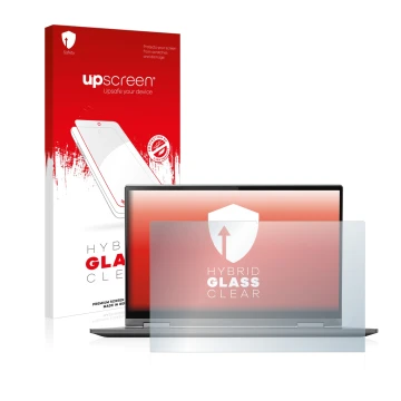 Face avant d’un emballage produit avec le logo de la marque upscreen. À côté, l’appareil Lenovo Yoga C740 14
