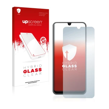 Face avant d’un emballage produit avec le logo de la marque upscreen. À côté, l’appareil Samsung Galaxy M30s est représenté av