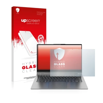 Face avant d’un emballage produit avec le logo de la marque upscreen. À côté, l’appareil Lenovo Yoga C940 14