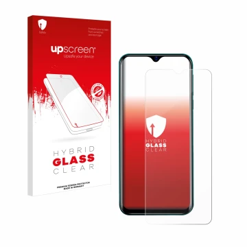 Face avant d’un emballage produit avec le logo de la marque upscreen. À côté, l’appareil Blackview A60 est représenté avec la 