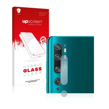 Face avant d’un emballage produit avec le logo de la marque upscreen. À côté, l’appareil Xiaomi Mi Note 10 Pro (Caméra UNIQUEM