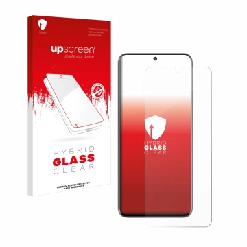 Face avant d’un emballage produit avec le logo de la marque upscreen. À côté, l’appareil Samsung Galaxy S20 est représenté ave