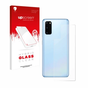 Face avant d’un emballage produit avec le logo de la marque upscreen. À côté, l’appareil Samsung Galaxy S20 (Arrière) est repr