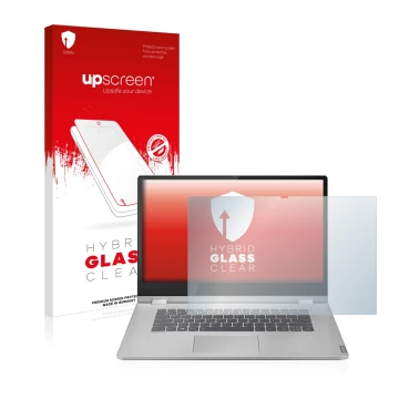 Face avant d’un emballage produit avec le logo de la marque upscreen. À côté, l’appareil Lenovo IdeaPad C340 15