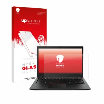 Face avant d’un emballage produit avec le logo de la marque upscreen. À côté, l’appareil Lenovo ThinkPad T490s est représenté 